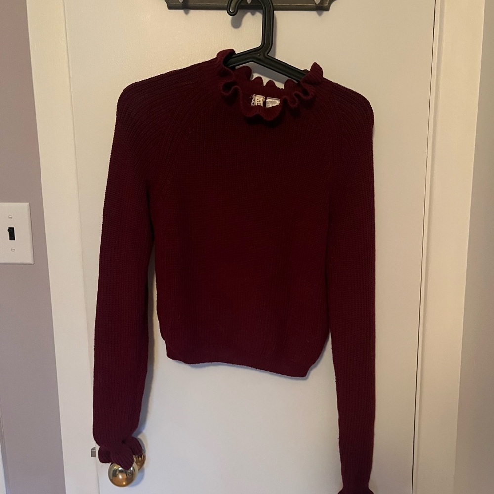 Simons Deep Red Ruffled Turtleneck Sweater